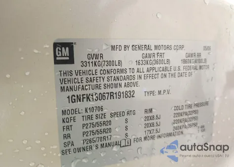 2007 Chevrolet Tahoe Ltz z USA, uszkodzony, nr VIN 1GNFK13067R191832